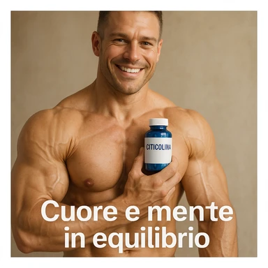 hyper realistic bodybuilder holding blue bottle of Citicolina near heart, well visible muscles, text 'Cuore e mente in equilibrio', positive atmosphere, realistic details sticker
