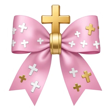 super pale pink bow confetti but the paper confetti are the pale pink bows all spread out with white tiny glitter and then with golden crosses on it and a white band in the mjddle sticker