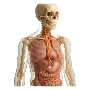 realistic 4K detailed anatomical image of the human body highlighting the vagus nerve, showing its precise path from the skull to the main organs, natural colors, transparency effect to reveal internal organs, clinical atmosphere, neutral background sticker