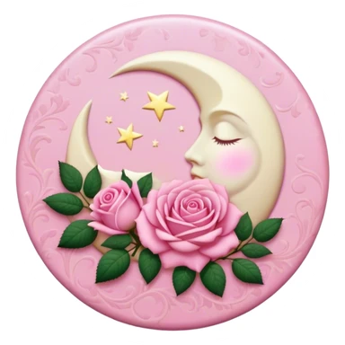 A round pink button with a light cream full damask moon and pink roses in the center sticker