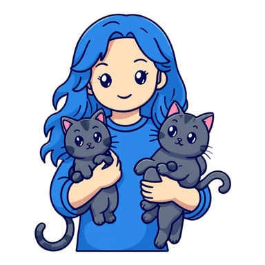 Girl with long wavy blue hair holding three cats, one black cat, one grey cat, and one grey-striped cat sticker