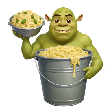 Shrek the green ogre holding a huge oversized bucket overflowing with carbonara pasta sticker