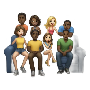 a light-skinned girl sits on a sofa and five dark-skinned guys stand behind sticker