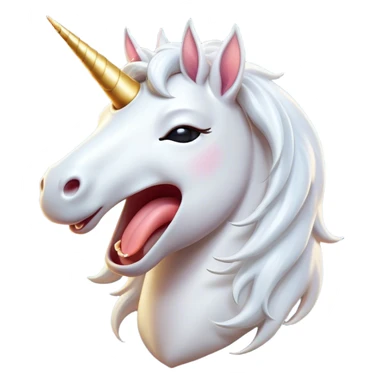 Cinematic Cute Yawning White Unicorn Portrait Emoji, Head tilted slightly with a dramatic, wide-open yawn, showcasing a softly elegant form with a gently cascading mane, a subtly glowing horn and sleepy, half-closed eyes, Simplified yet irresistibly adorable features, highly detailed, glowing with a soft, cozy magical glow, high shine, relaxed yet expressive, stylized with a dash of whimsical enchantment, soft glowing outline, capturing the essence of a drowsy yet affectionate white unicorn that appears ready to stretch and yawn its way out of the screen! sticker