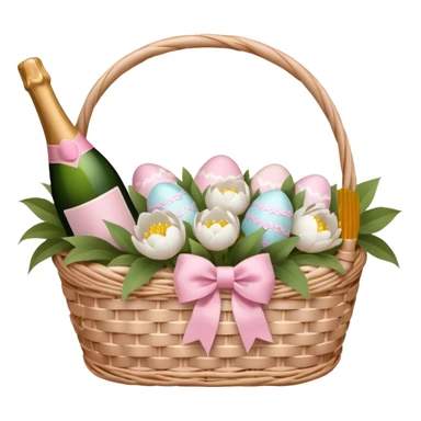 White Picnic basket with light pink bow, white peonies, pink easter eggs and one pink champage bottle inside sticker