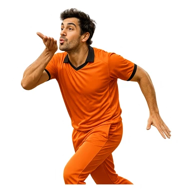 a cricketer in an orange jersey blowing a flying kiss, dynamic pose, clear sports vibe, energetic, playful expression, sporty, cheerful mood, action pose, fun and lively sticker