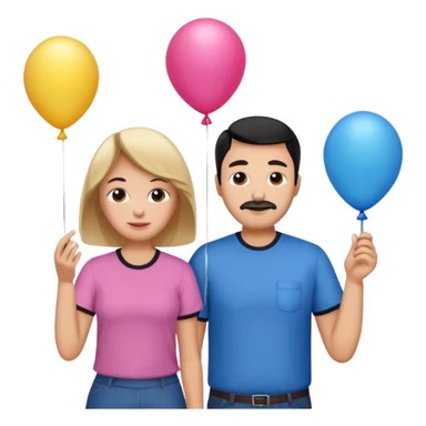 Mom in pink shirt dad in blue shirt holding 1 baloon black sticker