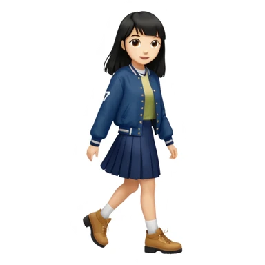 hair : black long hair with fringe (almost waist length) 
skin : light 
outer : deep brown varsity jacket (oversize) 
skirt : navy long long skirt (under knee, close to toe)  
motion : walking alone 


 sticker