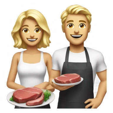 smiling duo with food indoors holding steaks blonde hair sticker