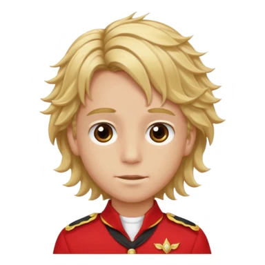 SARI SAÇLI SAÇININ YARISI SOLA DOĞRU DİĞERİNİN SAĞ TARAFTA AMA DÜZ DURAN KAHVERENGİ GÖZLÜ UZUN KİRPİKLİ BUĞDAY RENKLİ KIRMIZI ÜNİFORMALI BİR ERKEK ÇOCUK sticker