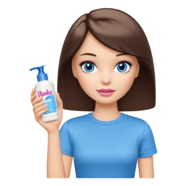 Barbie girl with makeup, blue eyes , and bob long haircut, short brown hair in creamy color T-shirt, holding a facial Wash Cream in her hand sticker