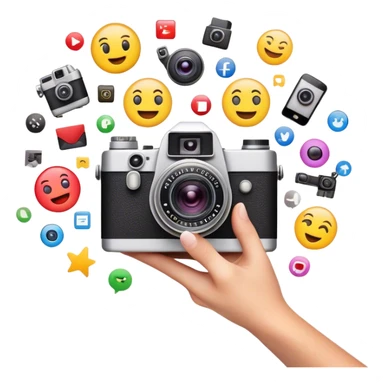 a composition of various media and technology-related emojis, arranged in a visually appealing way. At the center, there is a vintage-style camera emoji with a bright flash effect, symbolizing photography. A hand holding a smartphone emerges from behind the camera, representing digital and mobile content creation. Surrounding the central camera are a film camera, a laptop, and a smartphone with a colorful app grid, illustrating video production, digital work, and social media. The design is clean, modern, and conveys a theme of multimedia, content creation, and technology. sticker