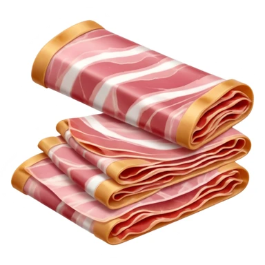 Prosciutto di Parma, thin folded slices, pink to red, white fat ribbons, silky, translucent, curled or rippled, smooth creamy fat, marbled, clean 3D, soft lighting, transparent background, emoji scale sticker
