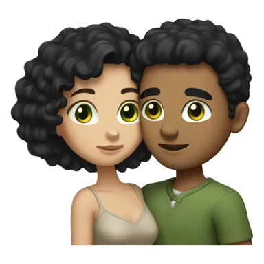 Couple hugging, he has green eyes short curly black hair she has brown eyes medium long straight black hair sticker