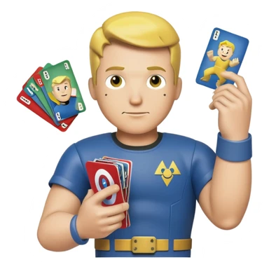Vault boy from fallout with marvel snap cards in hand sticker