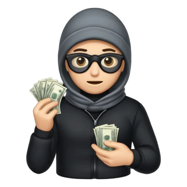 Robber with money na mão direita com uma blusa de frio preta e moreno sticker