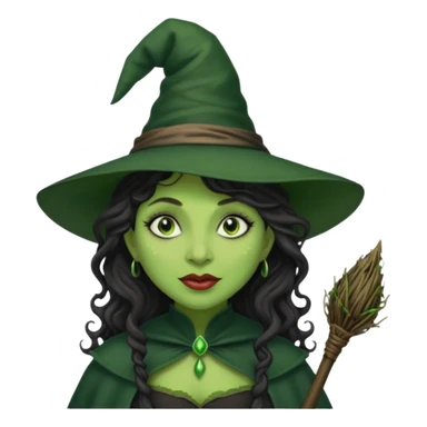 elphaba the wicked witch from wicked movie (cynthia erivo) dark long curly hair, thick lips, green skins, witch hat, witch broom, evil, wicked musical film  sticker
