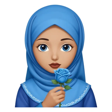 Turkish beautiful finish Konya girl blue eyes with blue hijab islamic dress and had on her hand blue rose design lipstick and hold it sticker