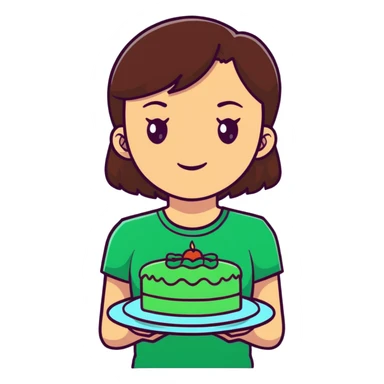 Young women with dark-brown hair and brown eyes in green t-shirt holding green cake on the plate sticker