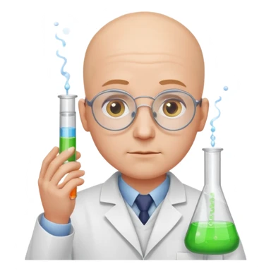 chemist emoji, bald person in a lab coat, testing chemicals in test tubes sticker