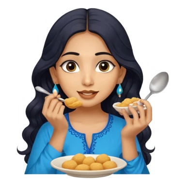 a pretty tan indian bratz girl with wavy long BLACK hair. eyeliner on, wearing a blue kurti, eating golgappa (without spoon) sticker