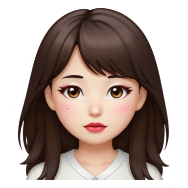 “japanese style Emoji brunette girl long hair with side bangs white top, dewy skin, heavy blush across cheeks and nose bridge, glossy cherry lips, soft eyeliner, teary sparkling eyes sticker