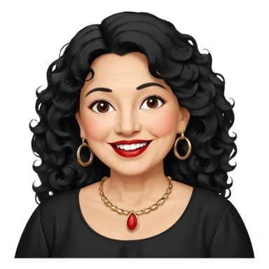60 yr old Mexican woman, slightly chubby, wavy/curly long black hair, red lipstick, big smile, white teeth, brown eyes, hoop earings, side part to hair, round face, nice blouse, no wrinkle hair side swept, big hoop earing sticker