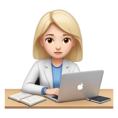3D emoji style sticker, young woman, white background, slight exam stress, sitting with a laptop, IELTS practice test on the screen showing Overall 5.5, tired but determined expression, notebooks and papers around, soft lighting, minimal details, clean aesthetic, astrology style sticker