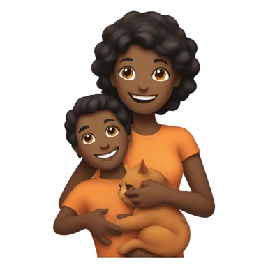 a happy light-brown woman with black hair and a happy brown man with brown hair are friends and holding an orange cat sticker