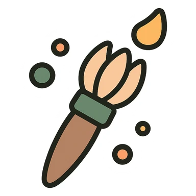 A cute and whimsical artist's paintbrush with a soft and cozy design, featuring a warm color palette: golden orange (FA9B41), deep forest green (4A7C5C), muted taupe brown (96775A), and pastel peach (FFCC9A). The brush has a delicate wooden handle in muted brown, with the bristles slightly fanned out, holding a touch of paint in shades of peach and orange. The tip of the brush is dipped in a soft golden hue, and tiny splashes of paint in the palette’s colors are gently scattered around. The overall mood is playful, artistic, and charming, evoking a sense of creativity and warmth. sticker