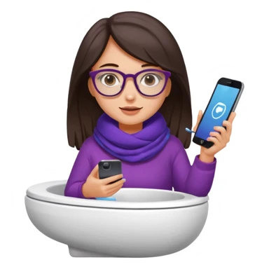 Fille châtain foncé avec lunettes. Elle porte une grosse écharpe violette, bleu et orange. Elle est dans une cuvette de toilette. Téléphone en main. Realiste sticker