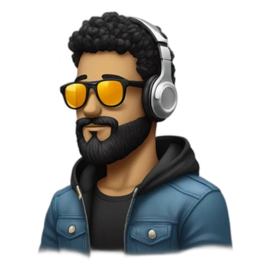 A stylish boy wearing headphones and sun glasses and in background music waves black hair black beard new trending look sticker