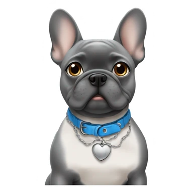 A grey frenchie with a name collar that says Chata and with blue eyes ￼ sticker