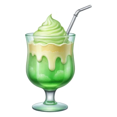 Create an emoji with a clear rounded glass, bright transparent green soda, vanilla ice cream scoop
 sticker