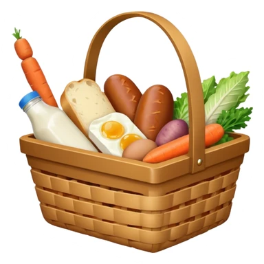 basket with groceries: milk, bread, sausage, eggs, potatoes, carrots, onions, cabbage sticker