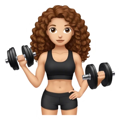 white woman with long brown curly hair in black top and shorts holding dumbbell sticker
