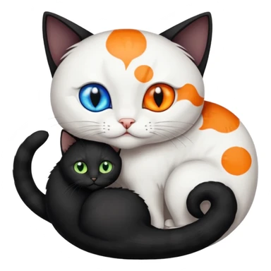 Black kitten with green eyes cuddling with white cat with orange spots and blue eyes and sharper features in the shape of a yin yang symbol sticker