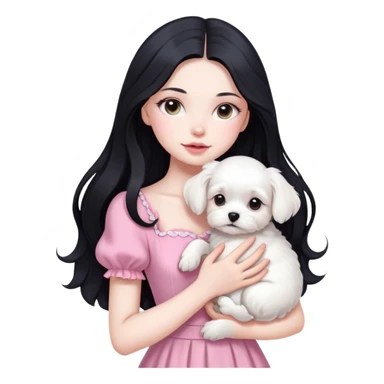 beautiful girl with long black hair wearing pink dress holding a white Maltese puppy sticker