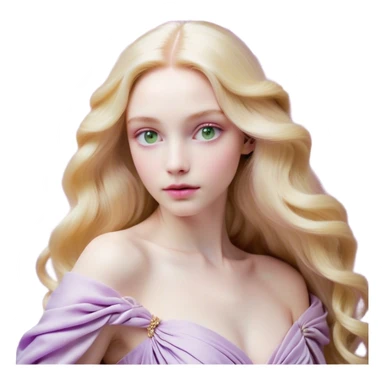 Cinematic Realistic Rapunzel Portrait, with porcelain-like skin featuring a subtle, natural glow, illuminated by soft lighting that brings out the gentle contours of her face. Her long, golden blonde hair cascades in detailed waves, each strand highlighted with a radiant shimmer as it catches the light. Her bright, expressive green eyes exude curiosity and warmth, framed by delicate lashes and soft, arched brows. Her expression is playful and vibrant, with a gentle smile. She is dressed in her classic lavender and pink gown, the fabric textured with delicate folds that flow naturally, catching the light with a soft, radiant glow. The portrait captures a luminous, enchanting aura, seamlessly blending realism with a whimsical, fairytale charm, evoking a timeless sense of beauty and magic. sticker