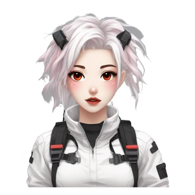 Gorgeous pastel white techwear anime style lady with blushing face aesthetic and pretty edgy black red white punk messy hair with collar and harness trending style sticker