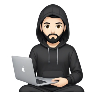 hackeur blanc cheveux noir barbe et capuche noir avec un macbook sticker