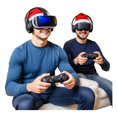 Homme noir, week-end détente, avec casque VR et manette PS 2025, assis dans un salon cosy décor Noël. Père Noël à côté, sourire amical, sapin illuminé, guirlandes et cadeaux au sol. Style réaliste, lumineux, ambiance festive & gaming. sticker