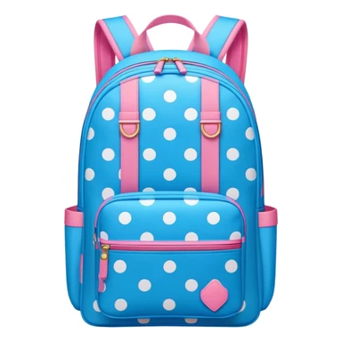 A stylish cute school backpack, medium-sized, bright blue color, It features a polka dots pattern of across the front pocketwith white and pink color, giving it a sleek yet dynamic look, front view sticker