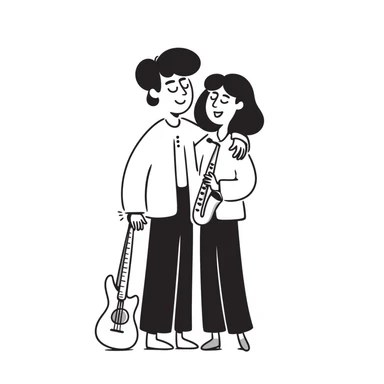 Two musicians standing side by side, both facing forward, with one's arm over the other's shoulder in a friendly side hug, both smiling, musical instruments nearby, fraternal camaraderie sticker