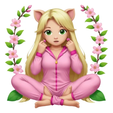 sexy and muscled, full body, in pink kegurumi pig pijamas, sexy girl, long blond hair, beautiful green eyes, makeup, earrings, muscled, surrounded by pink flowers and sakura petals sticker