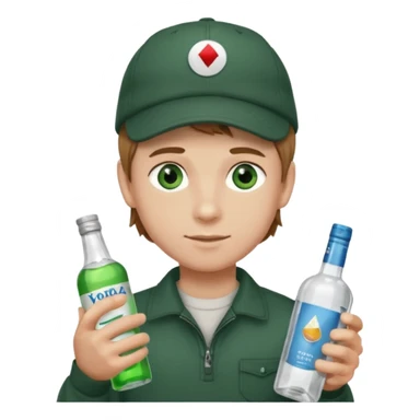 garçon avec yeux vert foncé qui a une puff 16k jnr à l’un main et une bouteille de vodka à la main avec une coupe casquette et les cheveux chatin clair  sticker