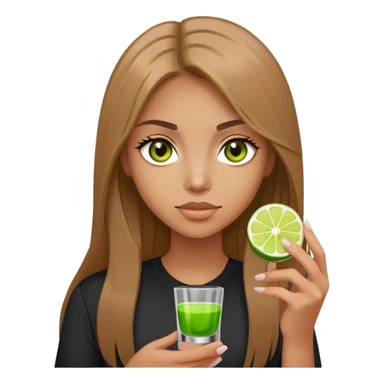 tan woman, black shirt, long light brown straight hair, grey eyes, holding a shot with lime sticker