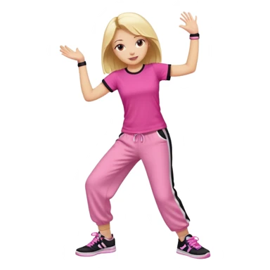 Hiphop dancer, with cute big pants, sneakers, and t-shirt. White girl blond. Coloufull shirt. No pocket pants. Dancing. No orange. Pink and black sticker