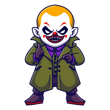 evil clown warrior, bald, small black horns on forehead, fangs, pointed ears, eye patch over one eye, long coat over black and military green leisure suit with bellbottom pants, tail, realistically proportioned, less bulky, full body visible, battle-ready fighting posture sticker