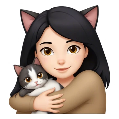 happy girl with black hair hugging three cats  (darle brown cat, full gray cat, brown calico cat) sticker